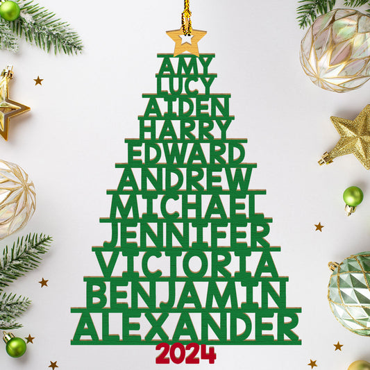 Family Names Christmas Tree (Version 11-14 Names) - Personalized Custom 1-layered Wood Ornament